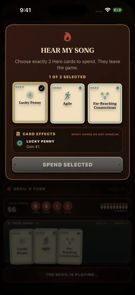 The Hear My Song effect asks you to choose two Hero cards to spend; they leave the game.