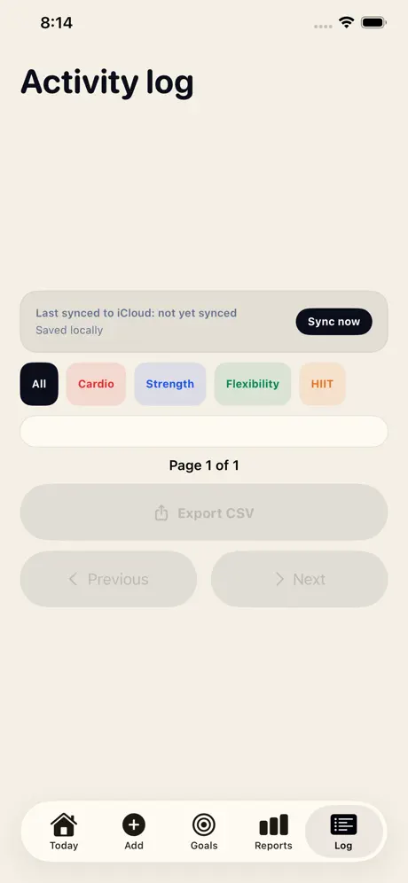 Activity log with category filters, iCloud sync status and Export CSV control