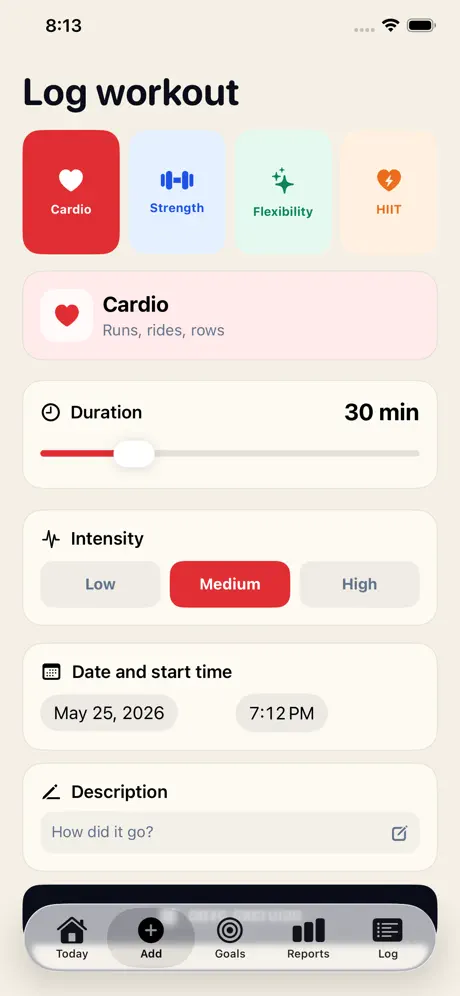 EZExerciseTracker workout entry screen with activity type, duration, intensity, date and notes