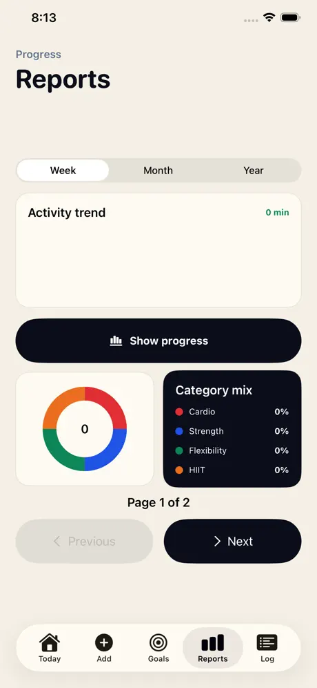 Reports screen with week, month and year views, activity trend and category mix