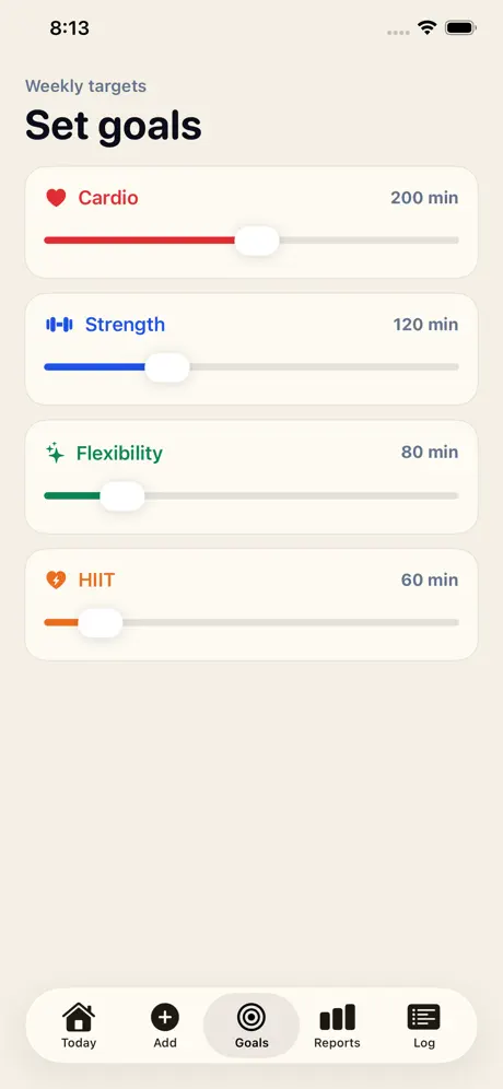Weekly target sliders for cardio, strength, flexibility and HIIT