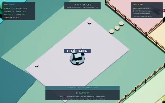 Genetic Shepards gameplay showing a field station, paddocks and live ecosystem counters