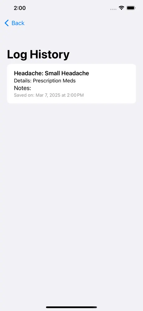 History screen showing an example saved headache entry with medication details and timestamp