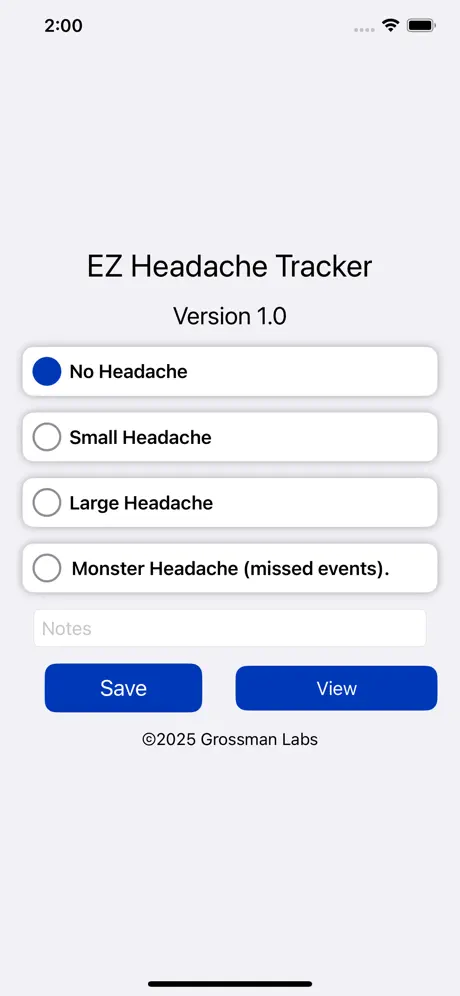 EZHeadacheTracker entry screen with headache categories, notes, Save and View controls